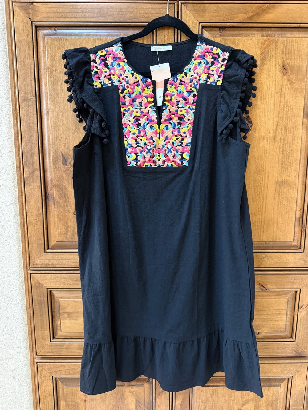 Black Embroidered Flutter Sleeve Dress